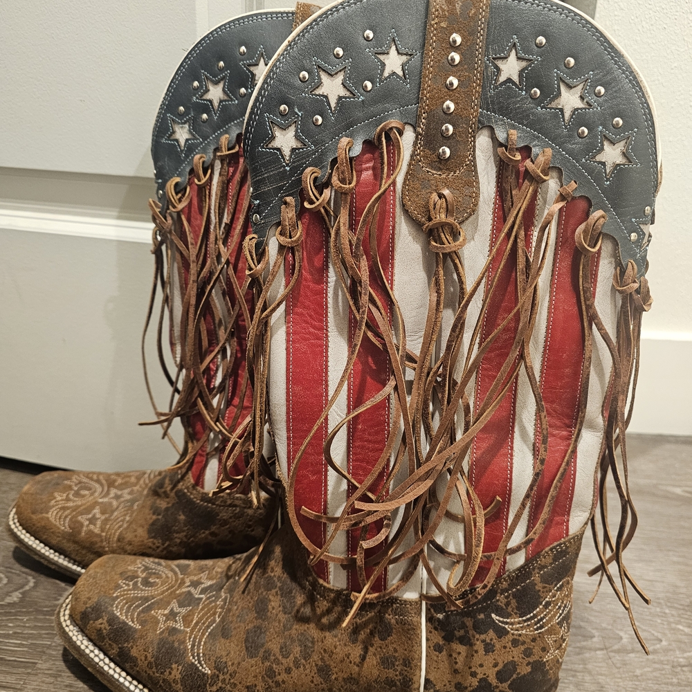 J.B. Dillon Red, White, and Blue Fringe Heeled Boots